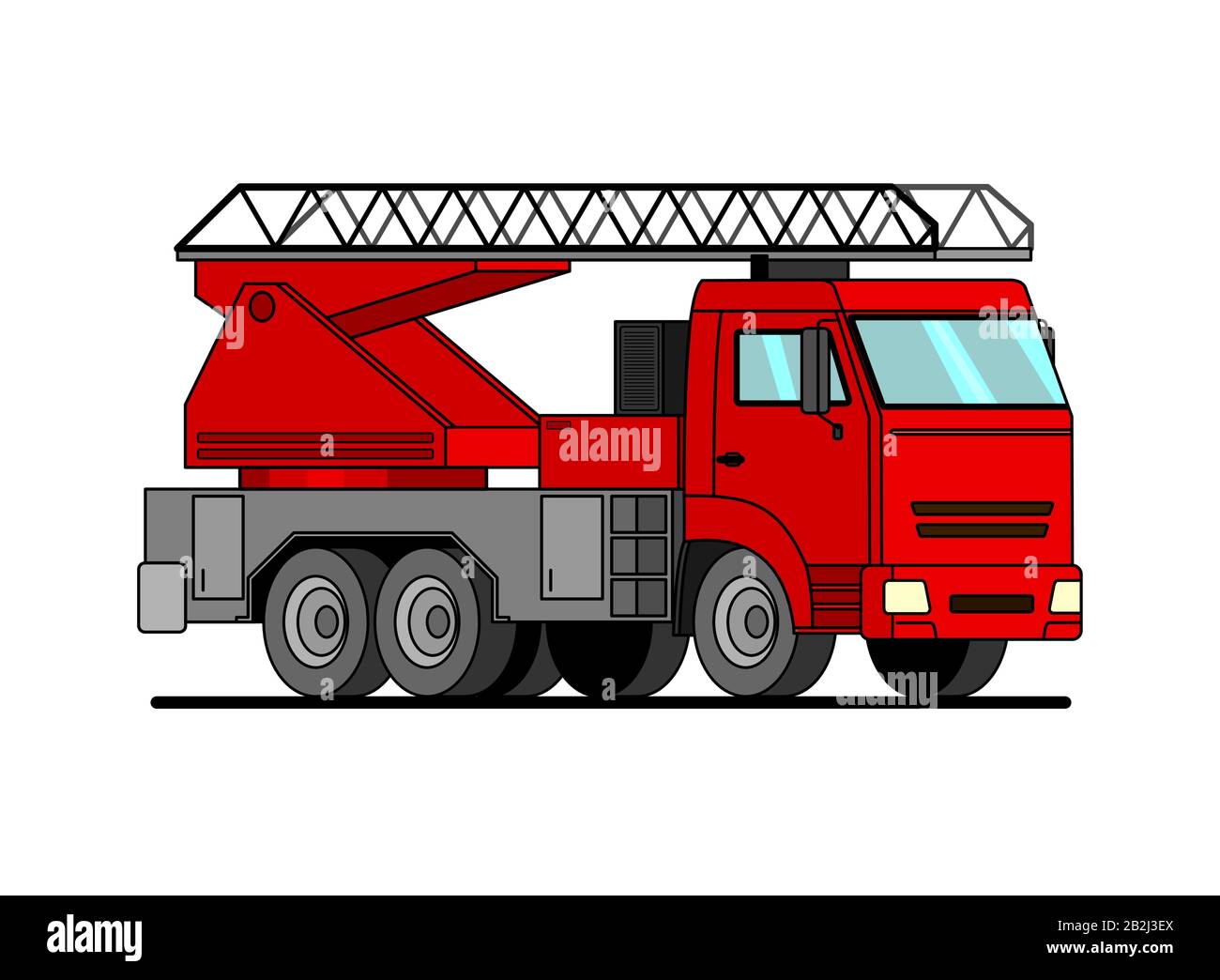 Camión de rojo con etiqueta de escalera para niños. Ilustración de vector plano de motor de agua para álbum de recortes, para textiles. Coche de dibujos animados Imagen Vector de stock -