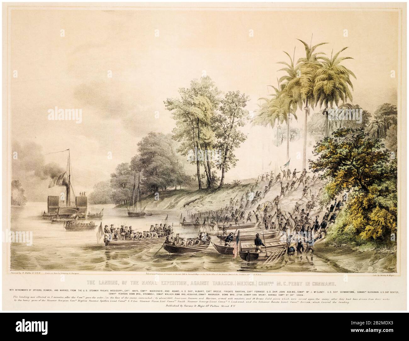El aterrizaje de la expedición naval de los EE.UU. Contra Tabasco dirigido por el Commodore Matthew C Perry en la Segunda Batalla de Tabasco el 16 de junio de 1847, impreso por H Walke, 1848 Foto de stock