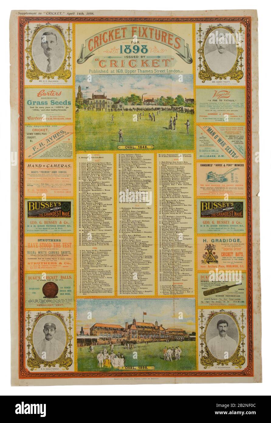 1898 Cartel de accesorios de cricket Foto de stock
