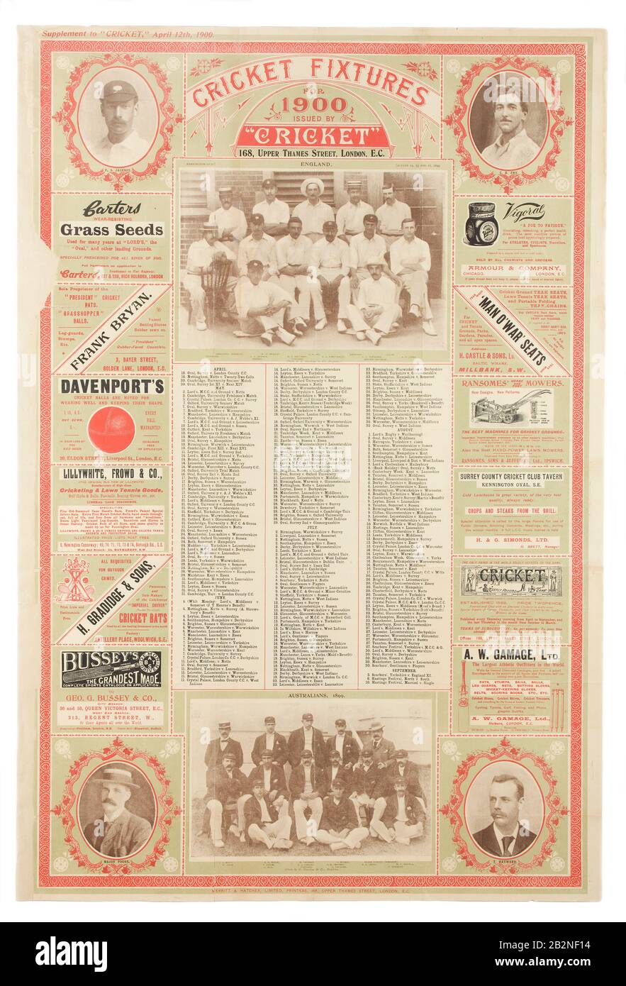 1900 Cartel de accesorios de cricket Foto de stock