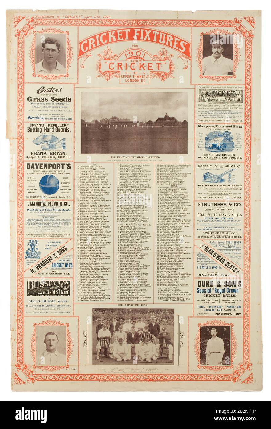 1901 Cartel de accesorios de cricket Foto de stock