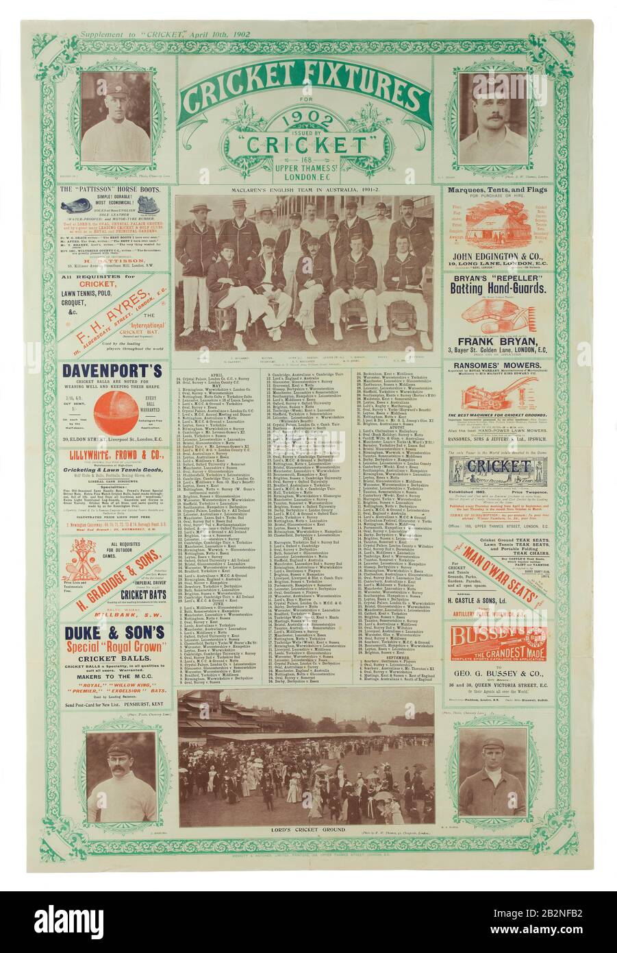 1902 Cartel de accesorios de cricket Foto de stock