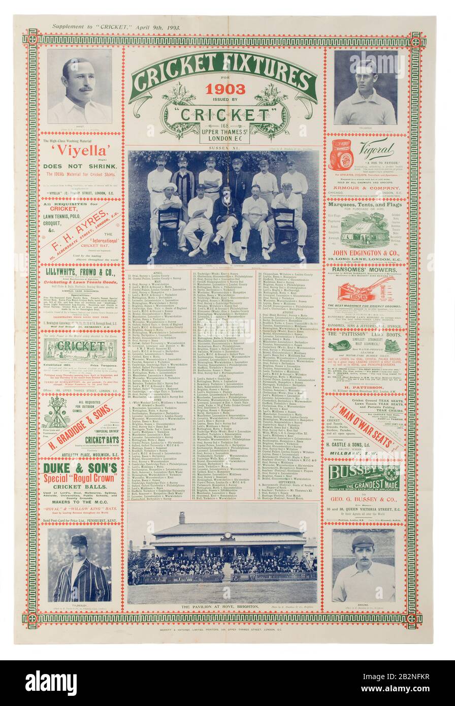 1903 Cartel de accesorios de cricket Foto de stock
