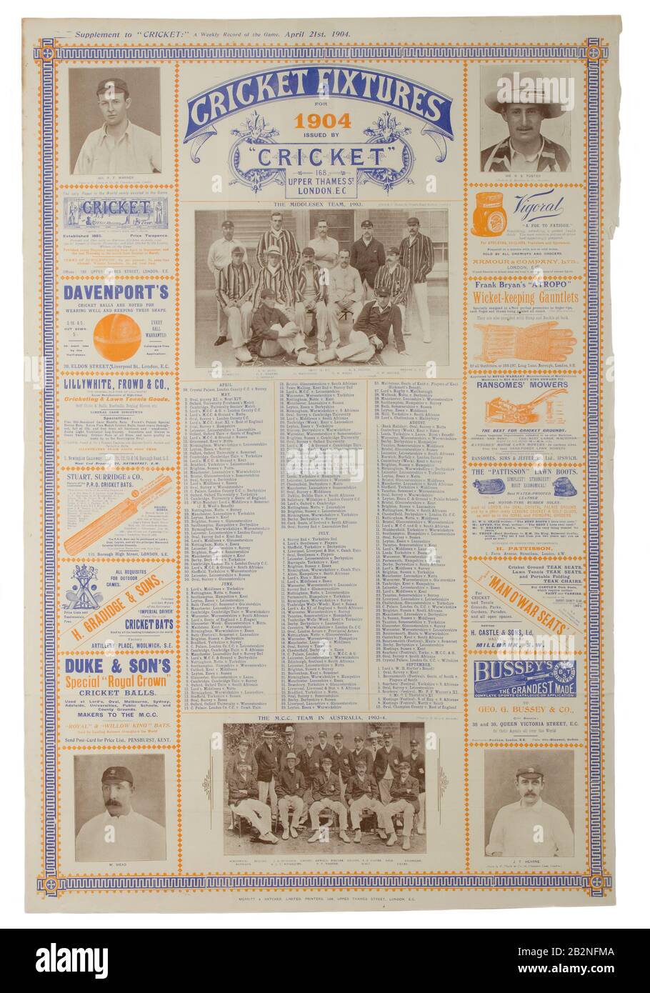 1904 Cartel de accesorios de cricket Foto de stock