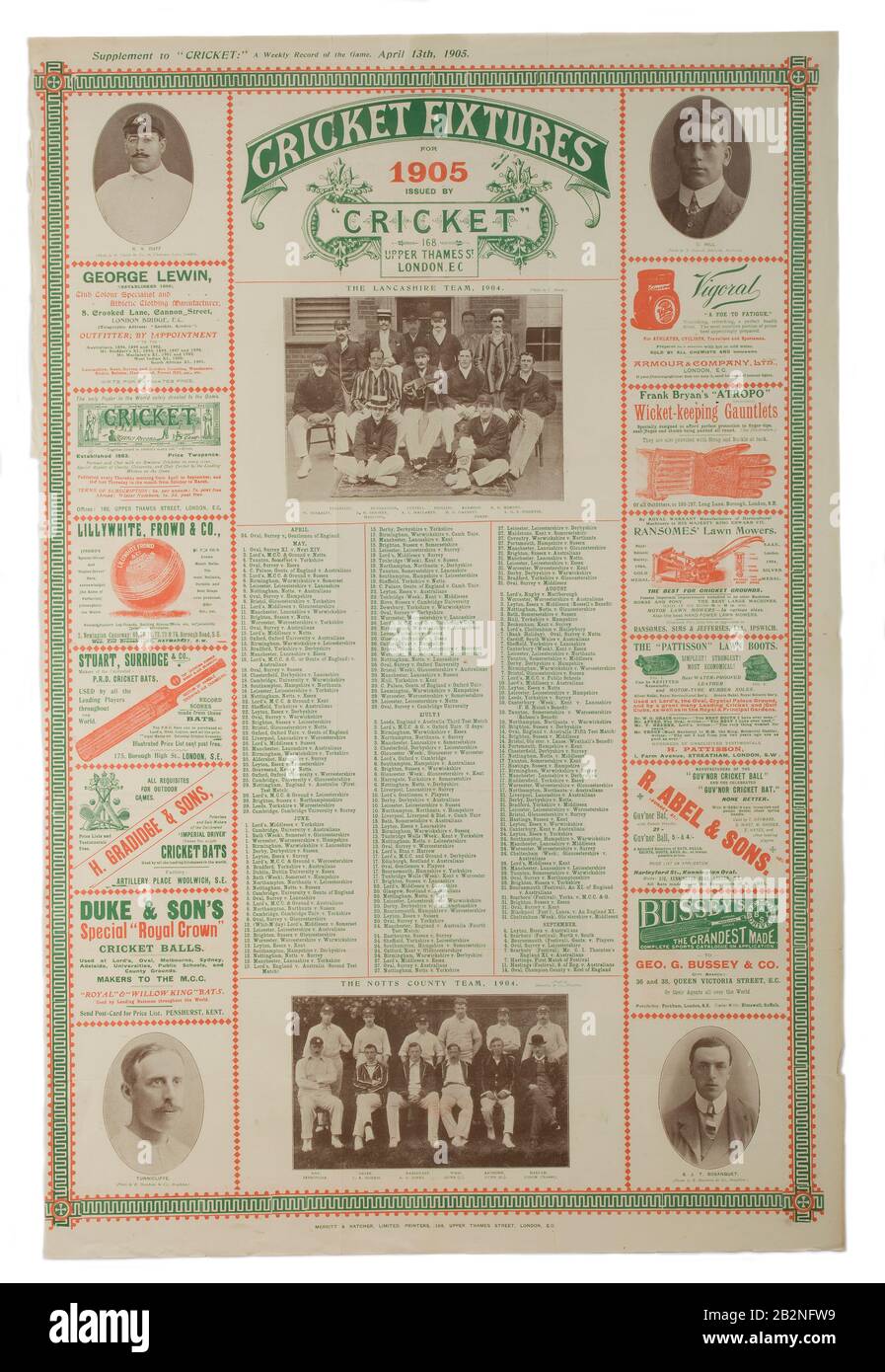 1905 Cartel de accesorios de cricket Foto de stock