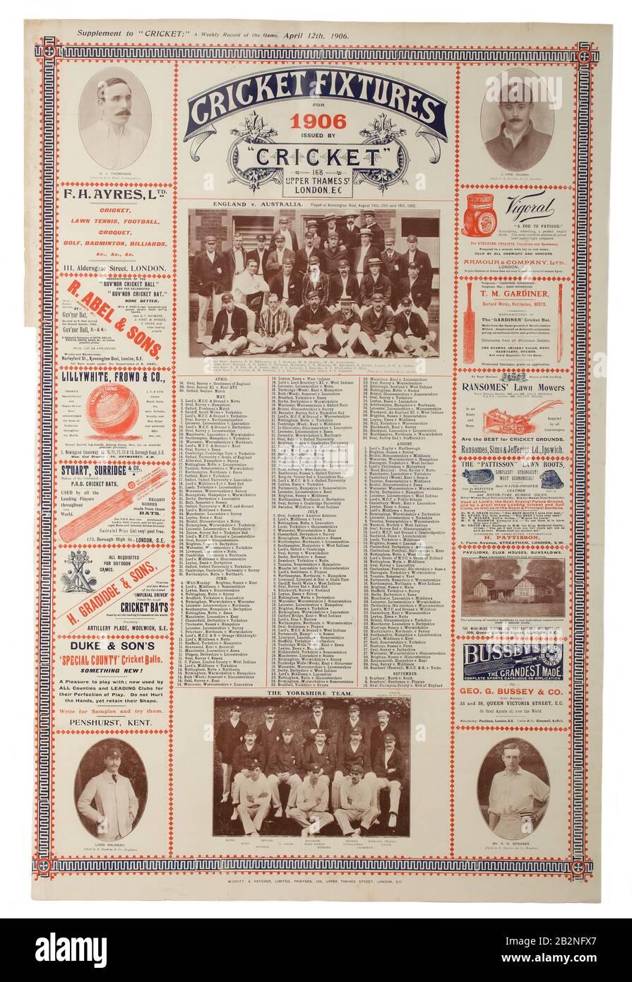 1906 Cartel de accesorios de cricket Foto de stock