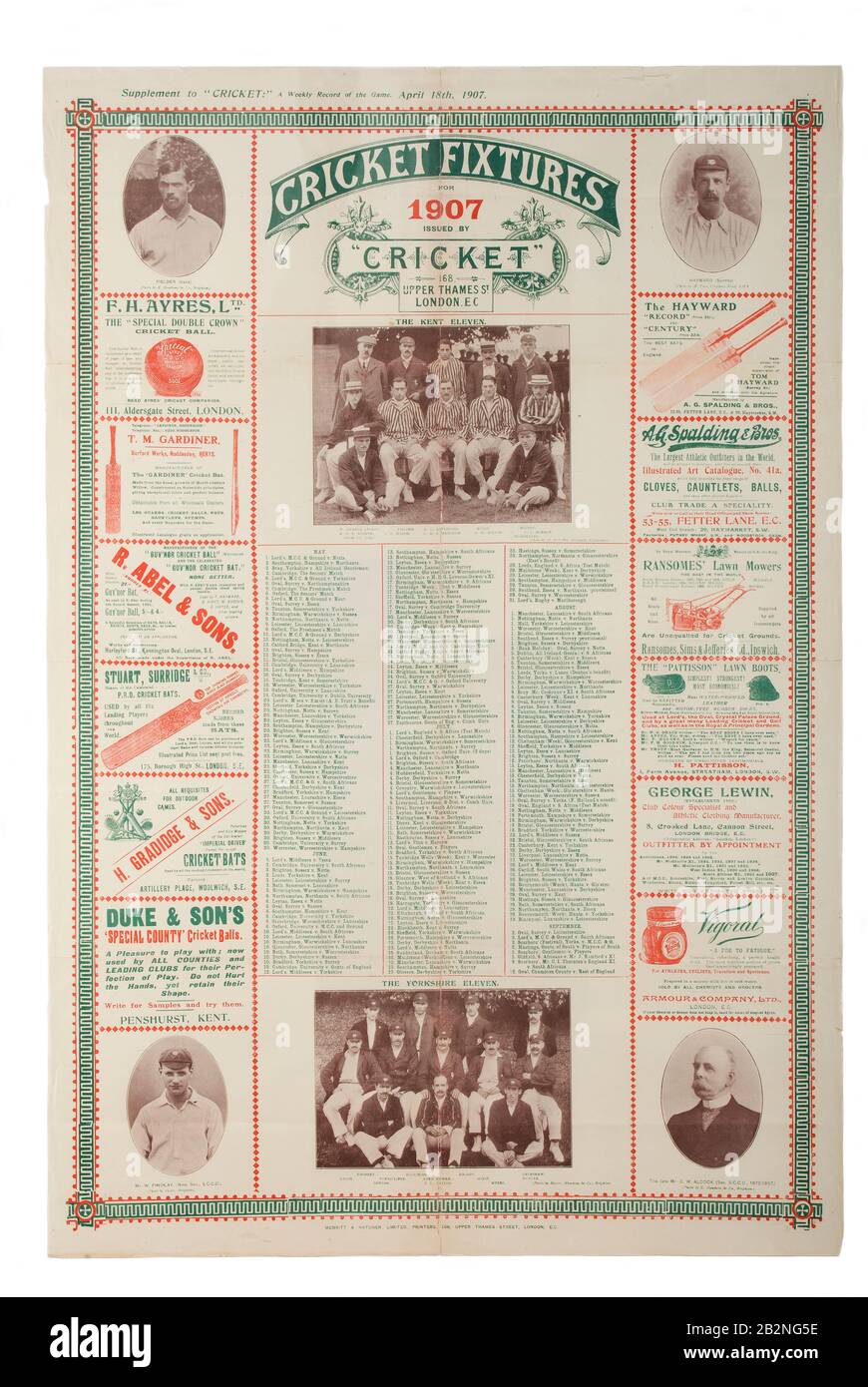 1907 Cartel de accesorios de cricket Foto de stock