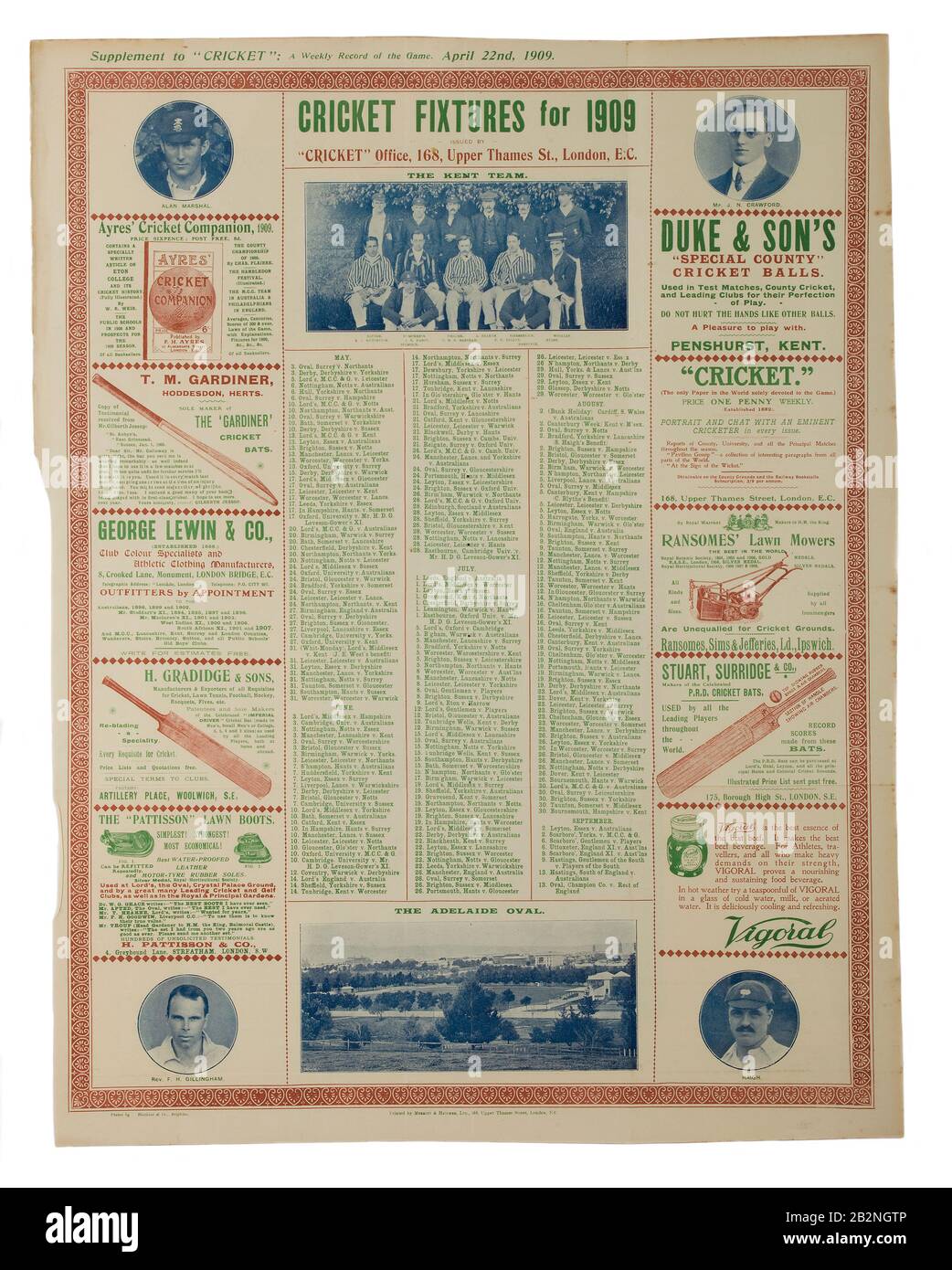 1909 Cartel de accesorios de cricket Foto de stock
