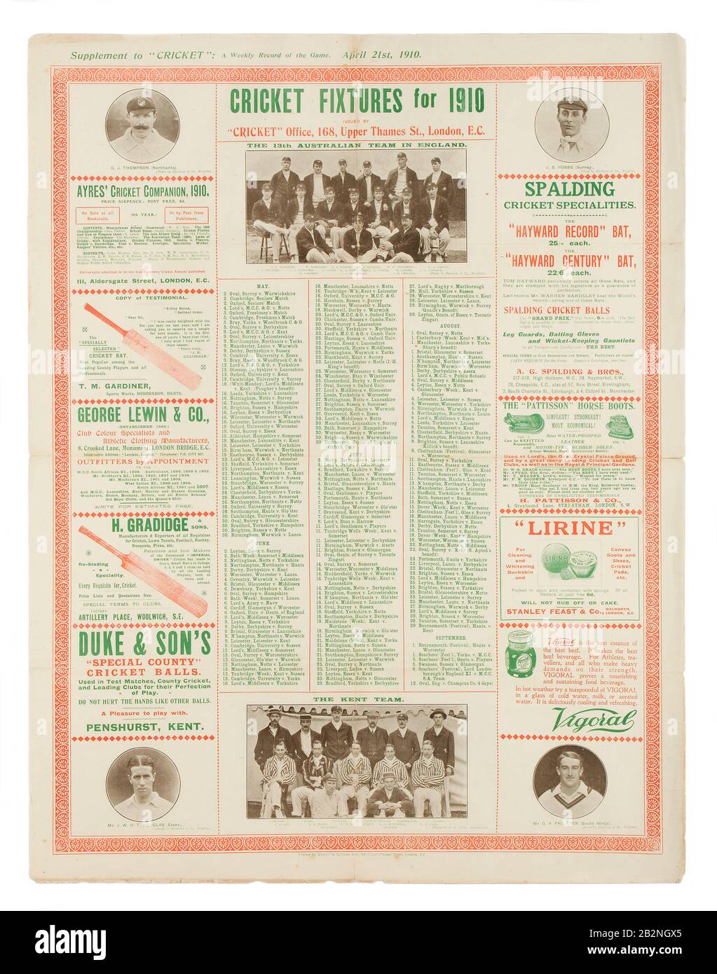1910 Cartel de accesorios de cricket Foto de stock