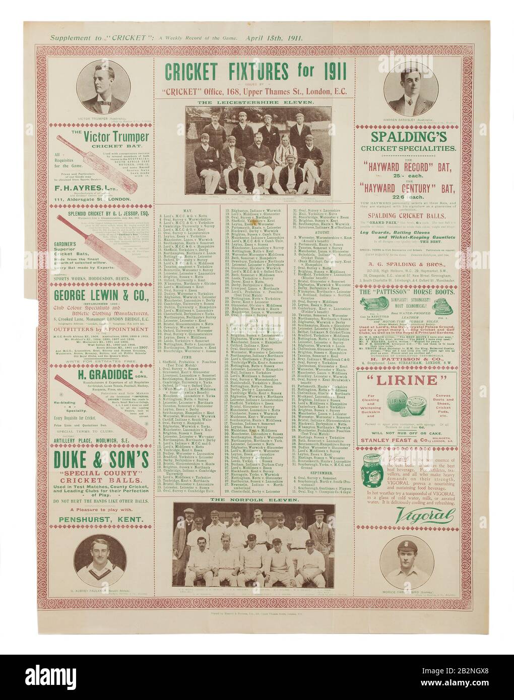 1911 Cartel de accesorios de cricket Foto de stock