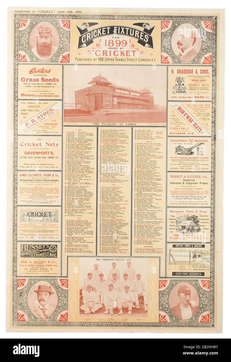 1899 Cartel de accesorios de cricket Foto de stock