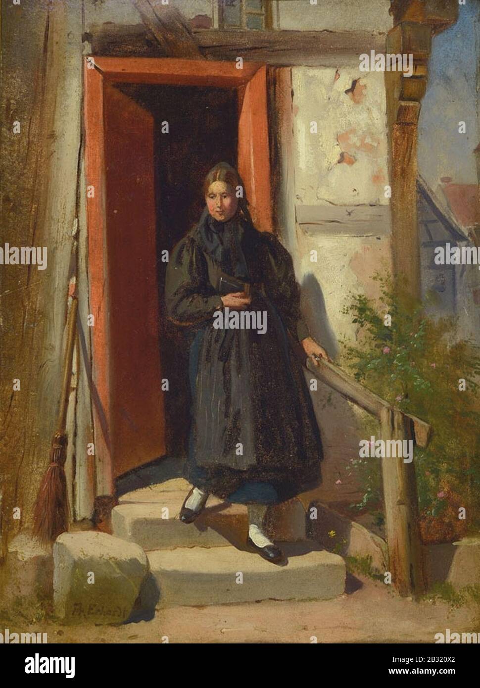 Georg Friedrich Erhardt - Junge Frau verlässt das Haus, um zur Kirche zu gehen. Foto de stock