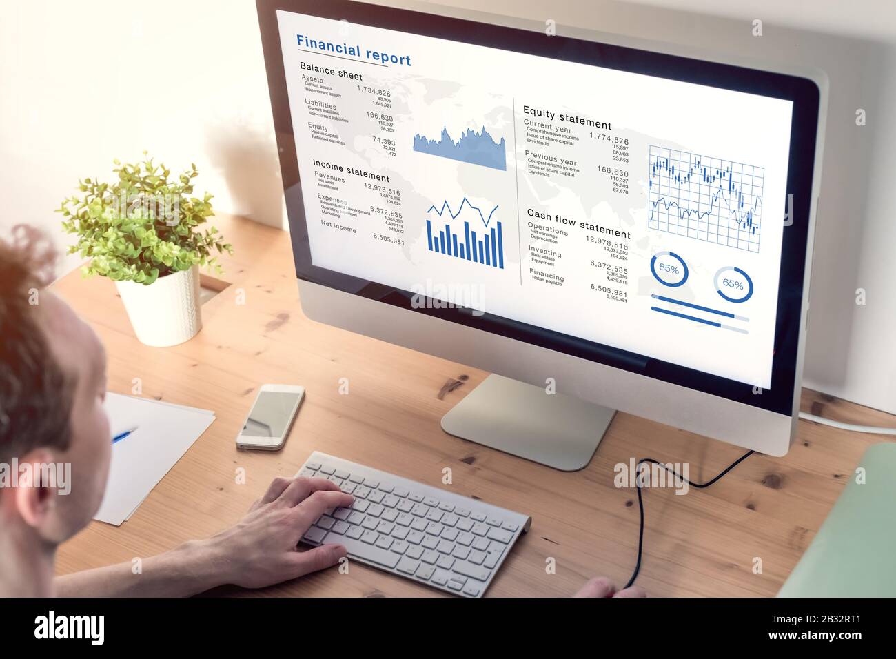 Contable analizando el informe financiero en la pantalla de la computadora en la oficina, documento de negocios con datos tales como balance, estado de renta y equidad, c Foto de stock