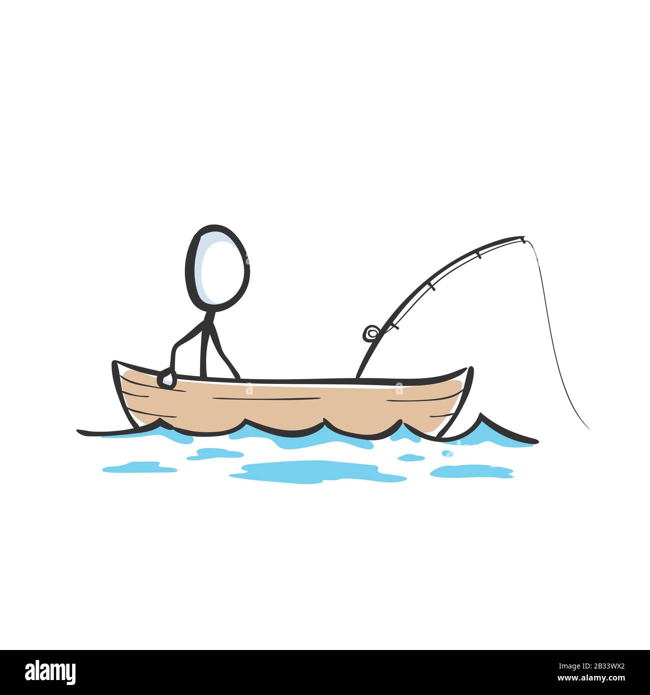 Hombre pescando en el barco en el lago. Caña de pescar en el mar. Dibujado  a mano. Dibujos animados de stickman. Boceto de fideos, ilustración gráfica  vectorial Imagen Vector de stock -
