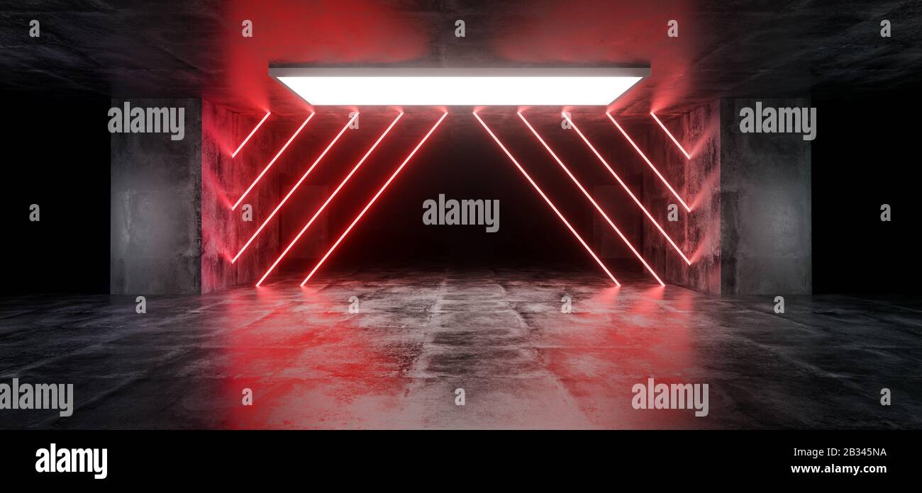 Moderno Futuristic Underground Reflective Concreta Garage Habitación Vacía Con Luces De Neón Blanco De Fondo Presentación 3d Ilustración Foto de stock