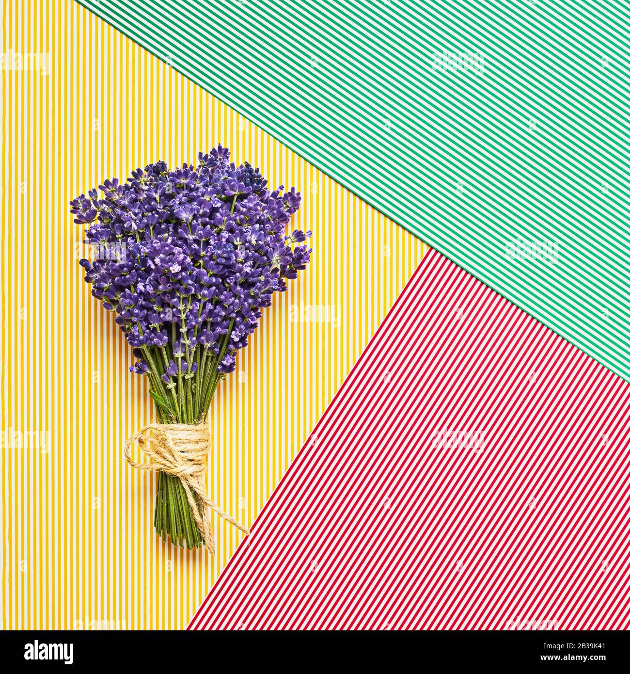 Ramo de lavanda fresca sobre fondo colorido y brillante. Flores violetas. Tarjeta de felicitación floral con lugar para texto. Vista superior, espacio de copia. Foto de stock