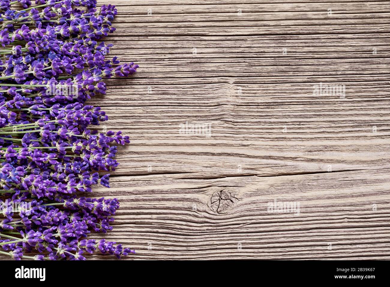 Flores de lavanda sobre fondo de madera. Vista superior, espacio de copia para el texto. Foto de stock