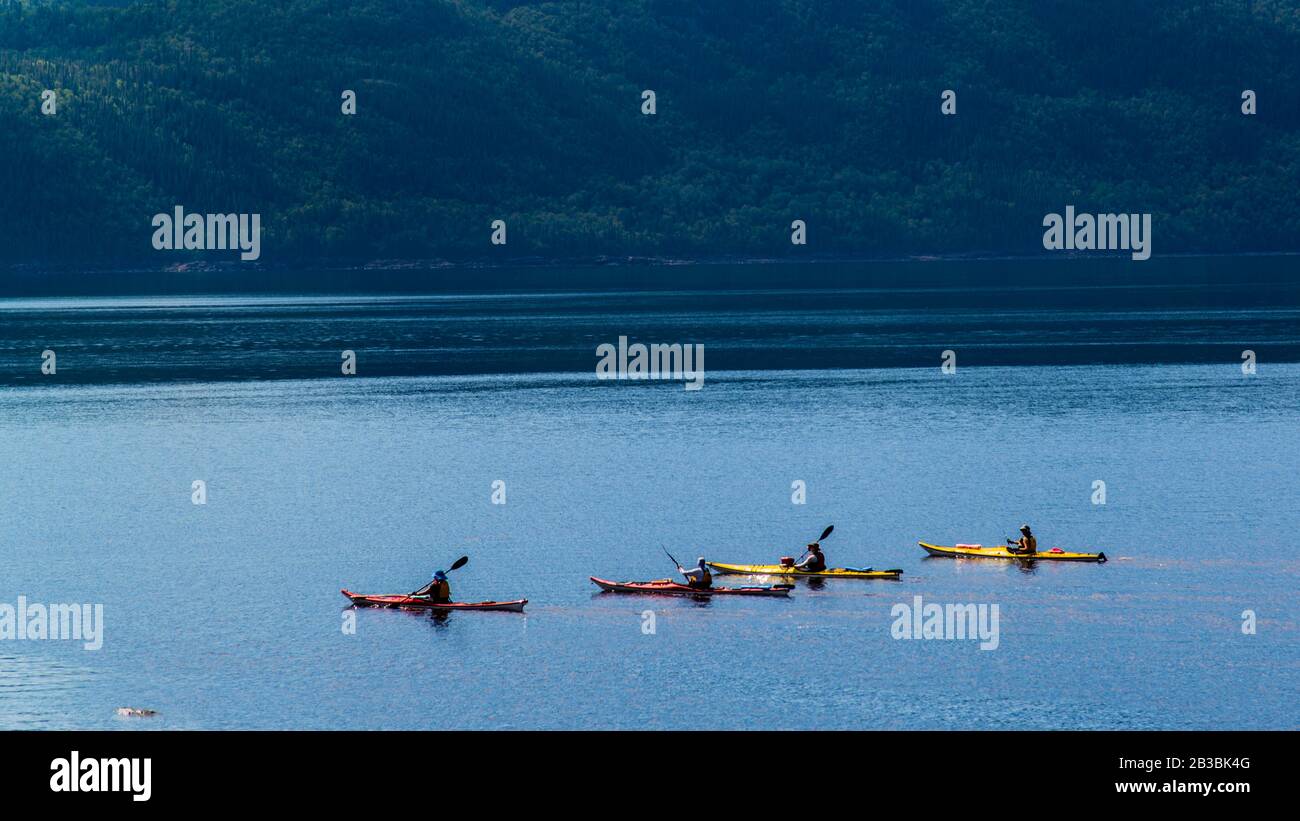 Saint-Rose-du-Nord, Canadá - Agosto 14 2019: Gente kayak en el valle del Petit Saguenay vista desde Sainte-Rose-du-Nord Foto de stock