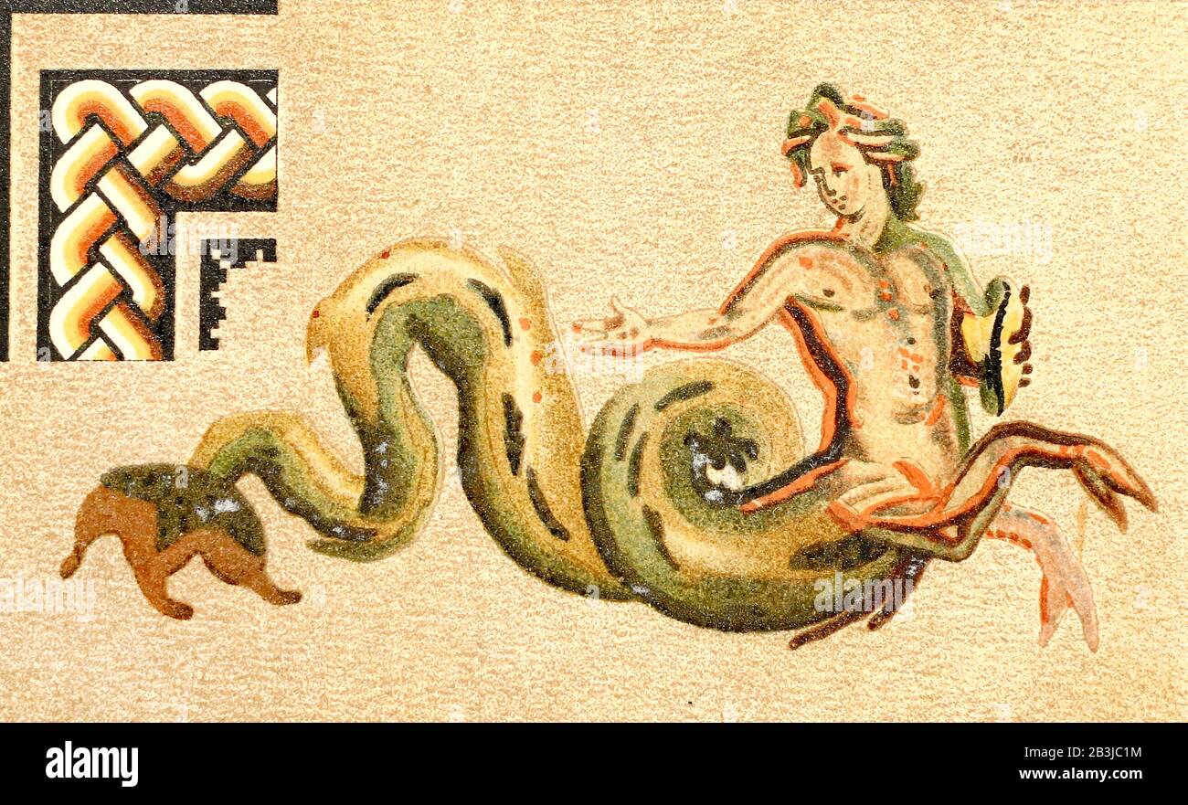 Dibujo de un antiguo mosaico romano de la época del imperio. Grabado del siglo 19. Foto de stock