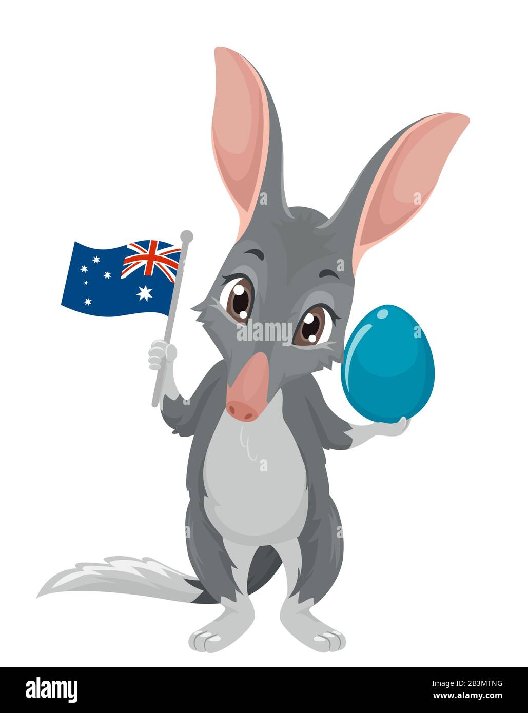 Ilustración de una mascota de la Yute Bilby Que Posee una bandera australiana y un huevo de Pascua Foto de stock