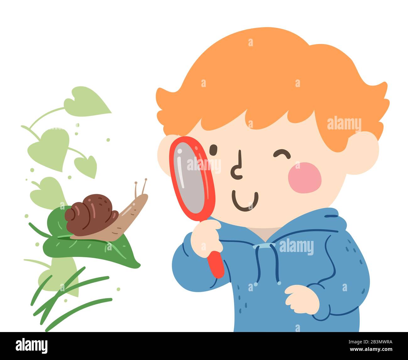 Ilustración de un niño Usando una lupa y viendo una caracol en una hoja  Fotografía de stock - Alamy