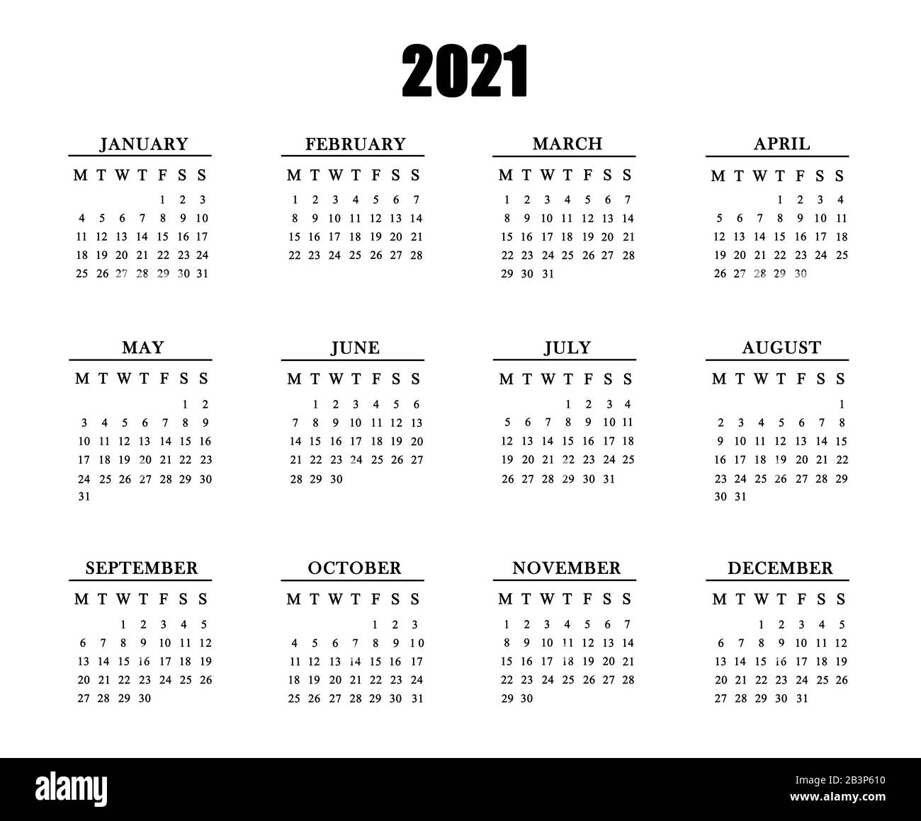 ligeramente Torrente traicionar Calendario para 2021 sobre fondo blanco Fotografía de stock - Alamy