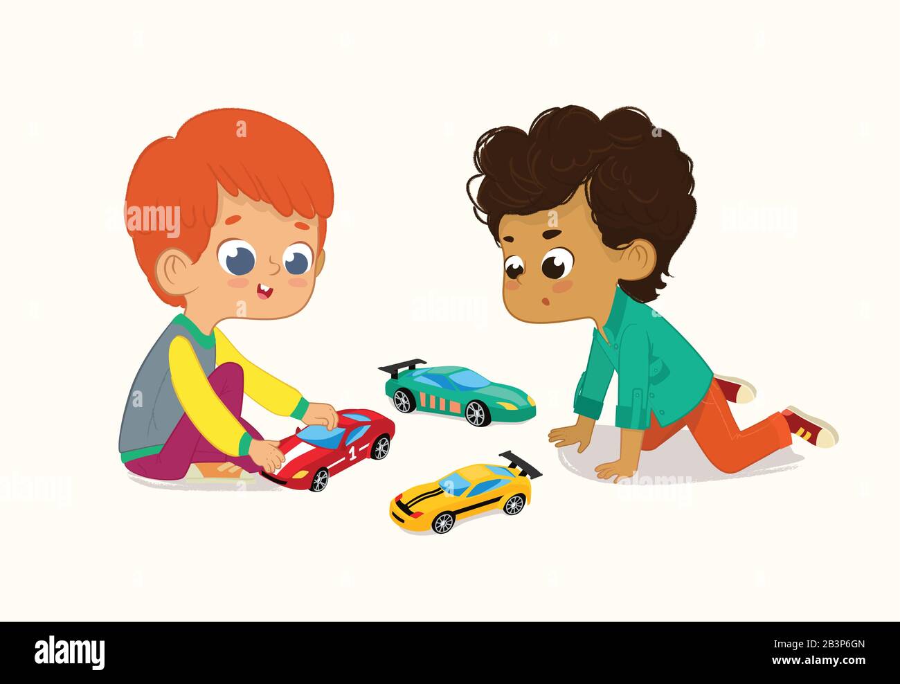 Ilustración de dos chicos del yute Jugando con sus coches de los juguetes.  El chico de pelo rojo muestra y comparte sus coches de juguete con Su amigo  afroamericano Imagen Vector de