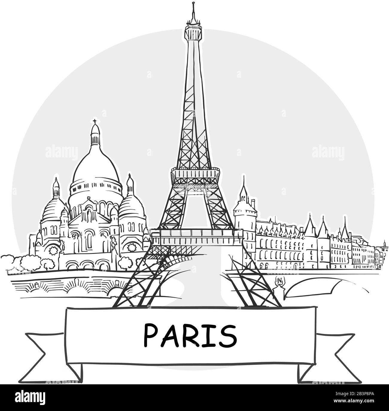 Señal De Vector Del Paisaje Urbano De París. Ilustración de arte lineal con cinta de opciones y título. Ilustración del Vector