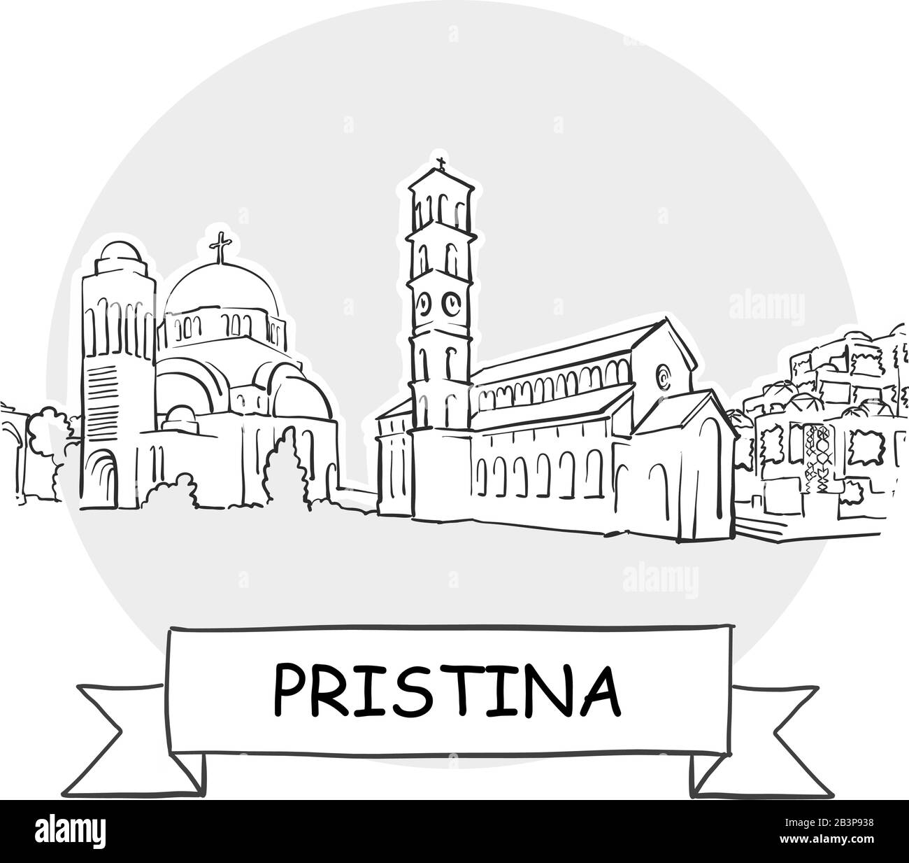 Pristina Señal De Vector Cityscape. Ilustración de arte lineal con cinta de opciones y título. Ilustración del Vector