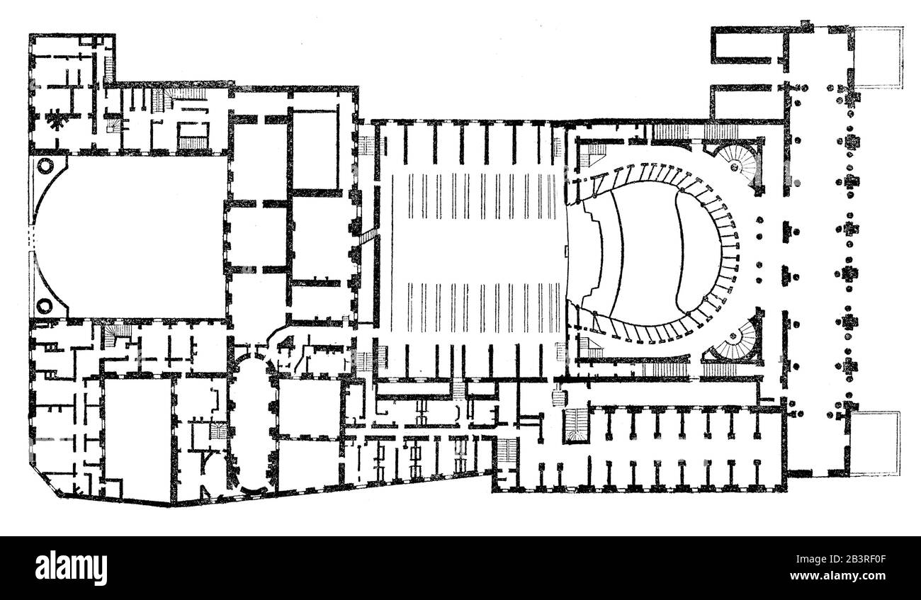 Dibujo arquitectónico, la antigua Ópera de París, Académie Royale de Musique, Salle le Peletier, París, Francia, siglo XIX Foto de stock