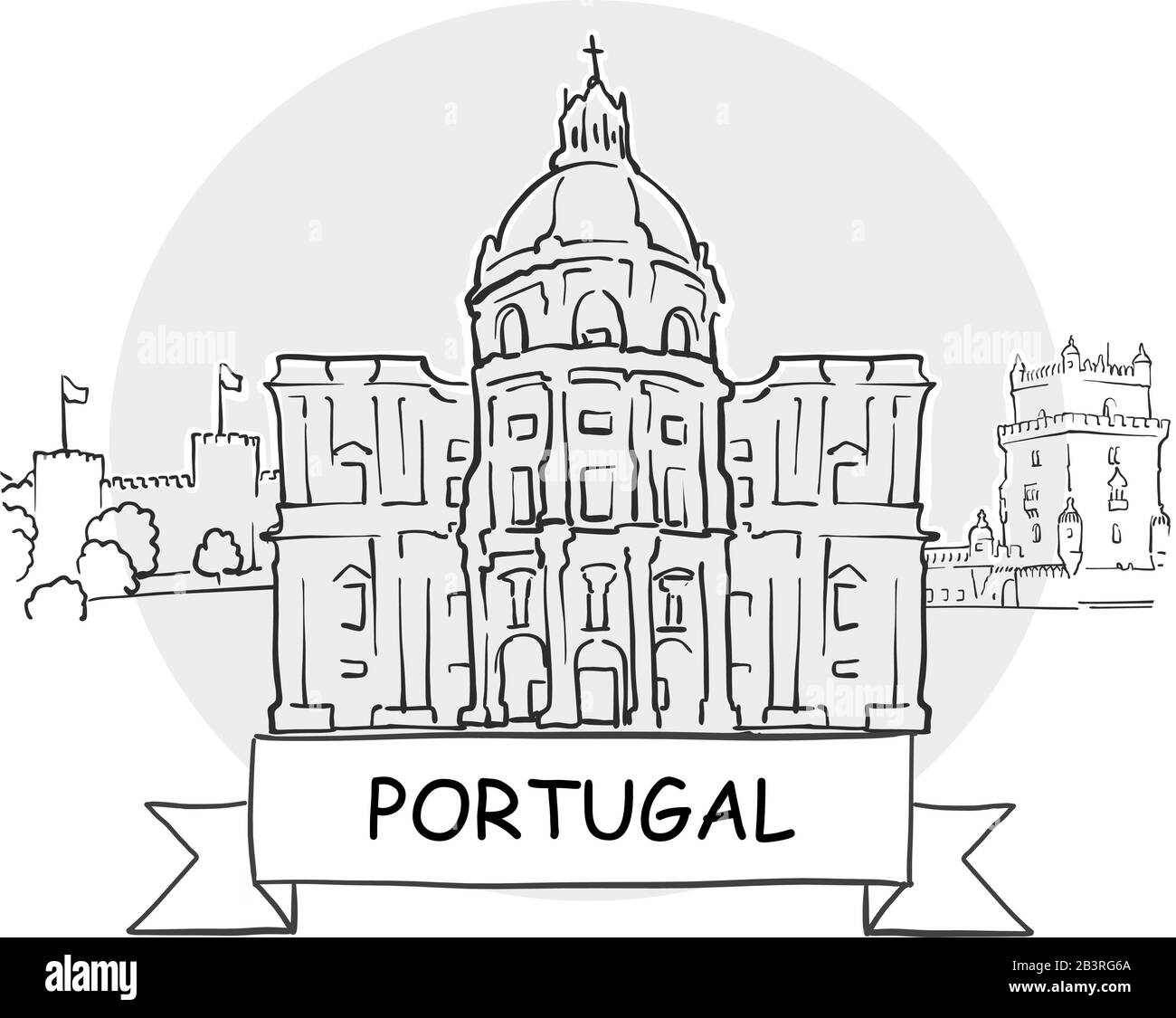 Portugal Señal De Vector Urbano Dibujado A Mano. Ilustración De Línea Negra Con Cinta Y Título. Ilustración del Vector