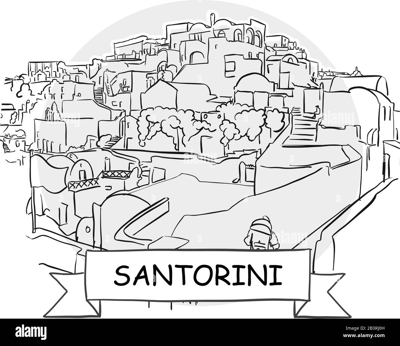 Signo De Vector Urbano Dibujado A Mano De Santorini. Ilustración De Línea Negra Con Cinta Y Título. Ilustración del Vector