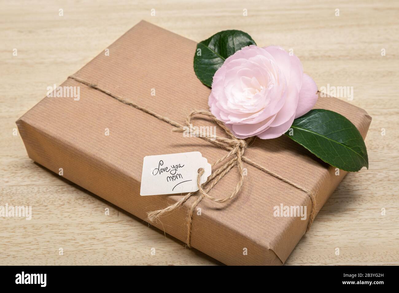 Concepto del día de la madre. Caja de regalo con etiqueta y flor. Texto  hecho a mano Love You Mom Fotografía de stock - Alamy