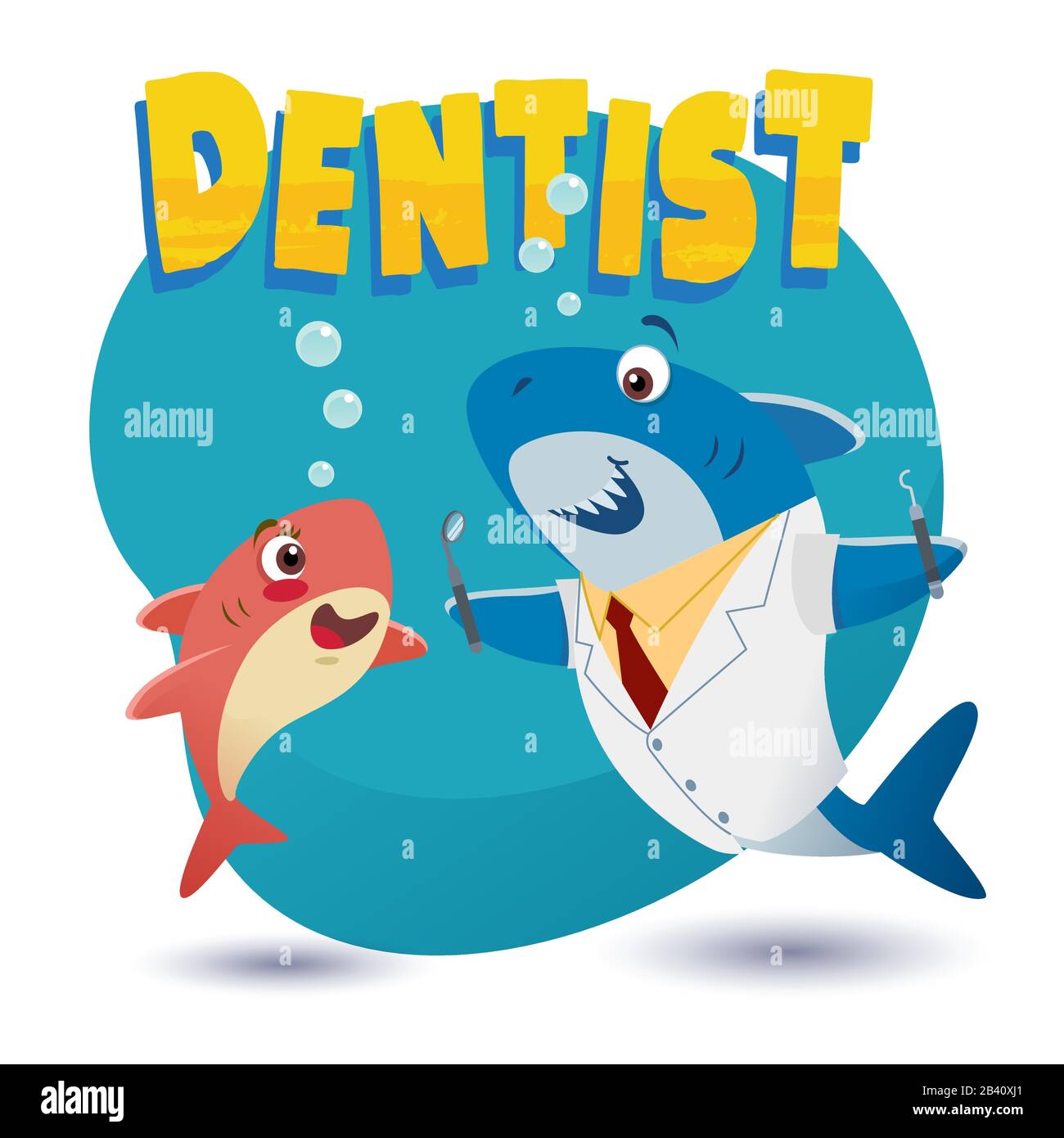 un tiburón bebé hablando felizmente con un dentista de tiburón Imagen