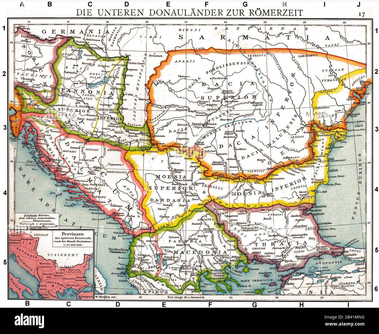 Las provincias romanas Del bajo Danubio. Antiguo mapa histórico del Atlas histórico de Droysens, 1886 Foto de stock