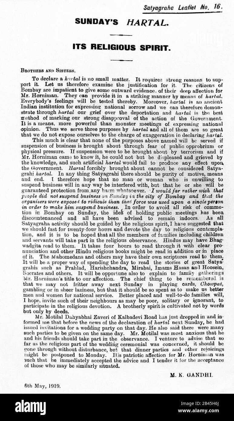 Mahatma Gandhi Satyagraha, resistencia no violenta, Leaflet no. 16, Domingo Hartal, Bombay, Mumbai, Maharashtra, India, Asia, 6 de mayo de 1919, antiguo cuadro vintage de 1900 Foto de stock
