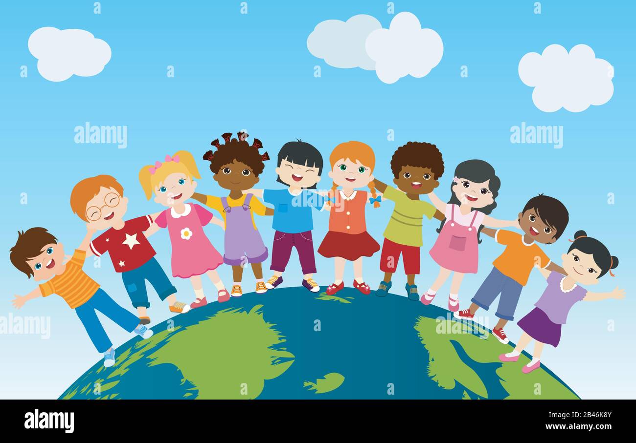 Globo terráqueo con un grupo de niños multiétnicos y diversos de pie y abrazándose unos a otros. Comunidad. Diversidad multicultural de Kindergarten Ilustración del Vector