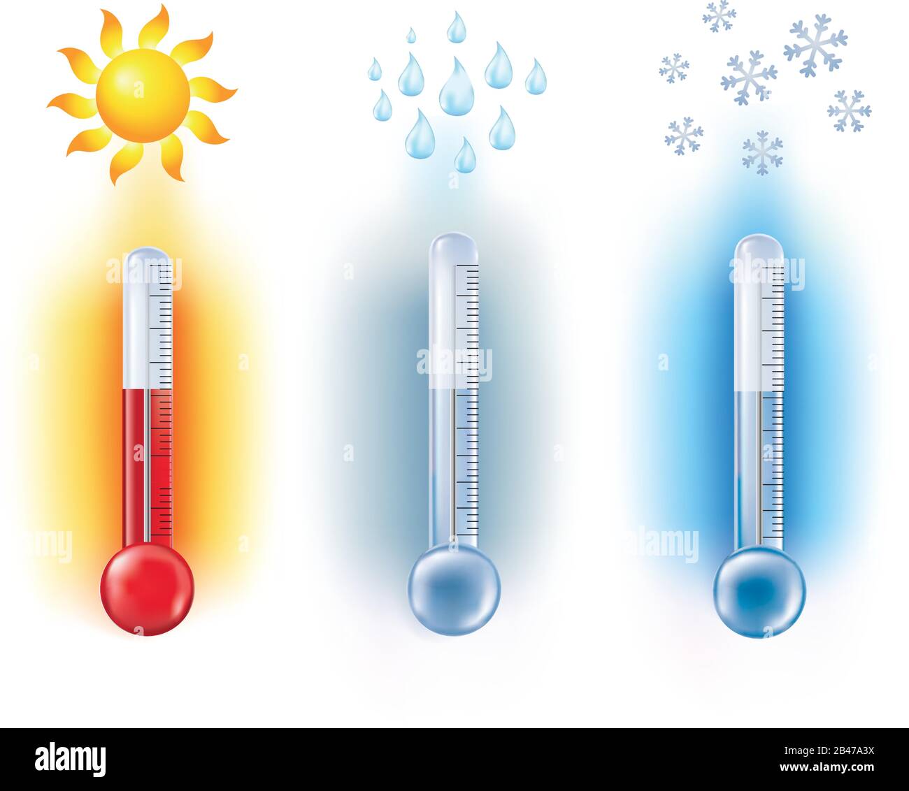 Vector 3D ilustración con termómetro aislado que mide la temperatura con  los símbolos sol - lluvia - nieve. Pronóstico del tiempo Imagen Vector de  stock - Alamy