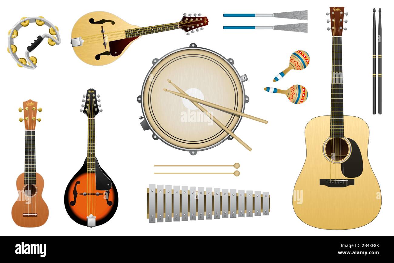 Instrumentos acústicos musicales. Guitarra De Cuerda Batería De Ukulele  Metallophone Domra Balalaika O Mandolin. Conjunto de elementos para  carteles y pancartas de concierto Imagen Vector de stock - Alamy