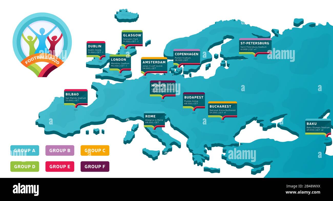 Campeonato Europeo De Futbol De 2020 Ilustracion Vectorial Con Un Mapa De Europa Con Los 12 Paises Anfitriones Marcados Y Logotipo Sobre Fondo Blanco Imagen Vector De Stock Alamy