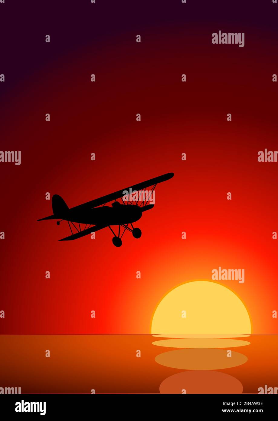 Ilustración puesta de sol con avión y océano Ilustración del Vector