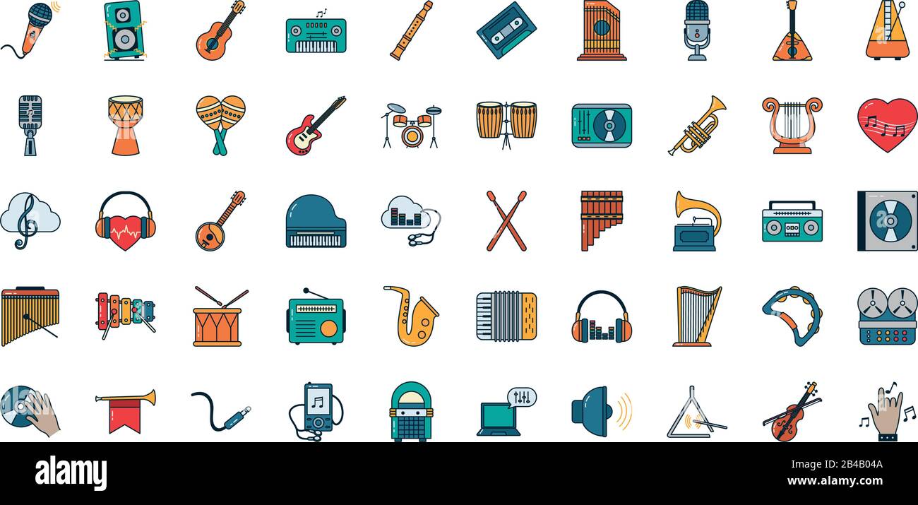 Estilo de línea y relleno diseño de conjunto de iconos, música sonido  melodía canción arte musical y composición tema ilustración vectorial  Imagen Vector de stock - Alamy