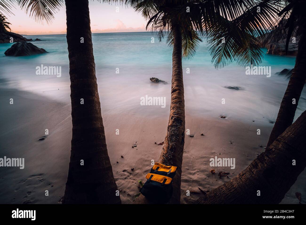 Pintoresca hora azul en la playa de ensueño en anse Patates en la Digue Seychelles. Ambiente tranquilo y romántico, hermosas palmeras. Exposición prolongada. Foto de stock