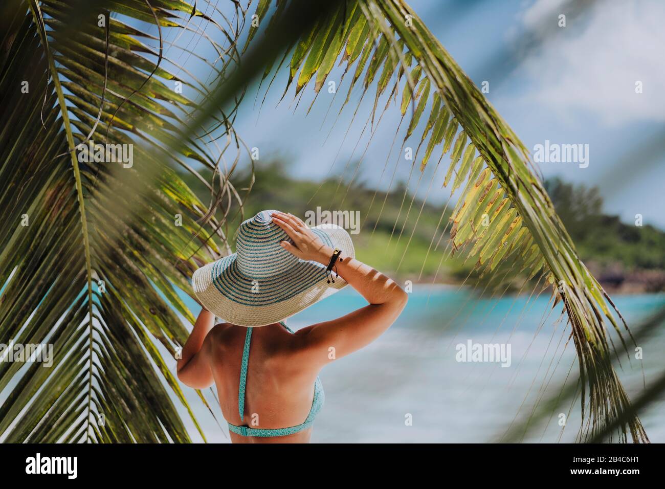 Mujer en la playa en la sombra de las palmeras con sombrero azul. Concepto de vacaciones de recreación en un paraíso de lujo. Foto de stock