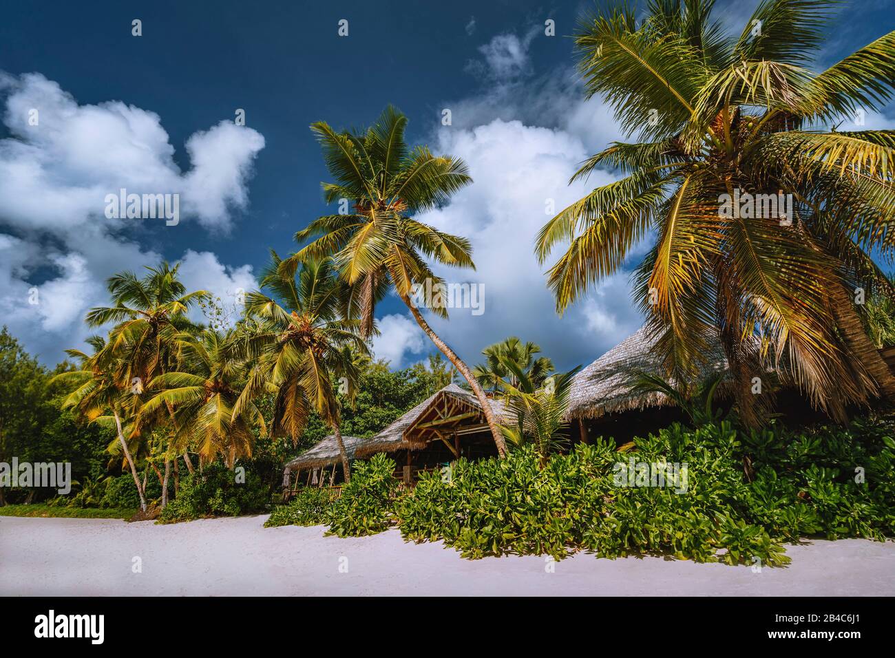 Paisaje de playa tropical con palmeras de coco y techos de paja. Vacaciones exóticas en el paraíso. Foto de stock