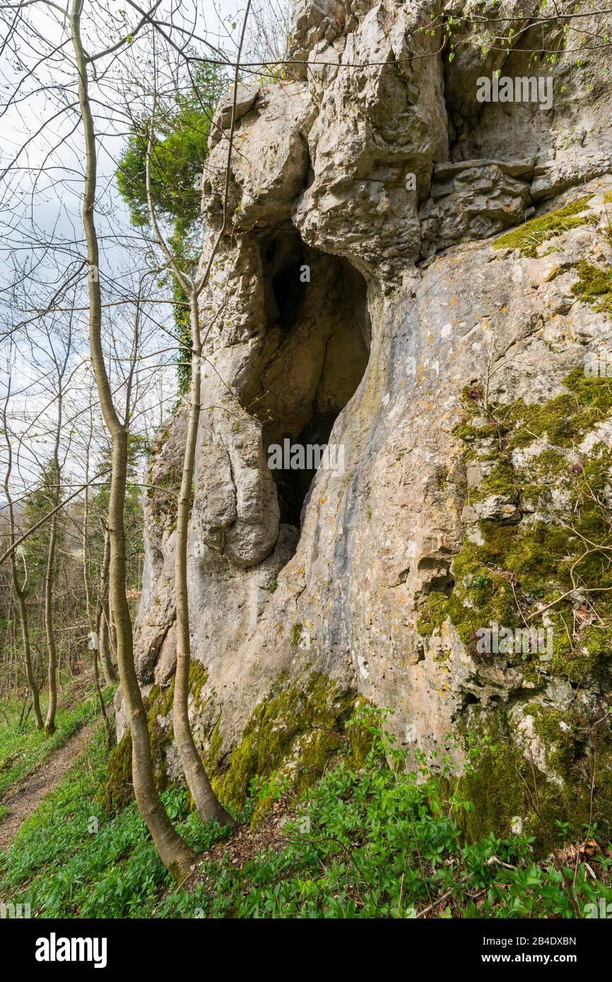 Alemania, Baden-Wuerttemberg, Burladingen - Stetten unter Holstein, a través de la cueva en Hohlen Stein, (EB 1 m, EH 4 m, L 6 m, B 3 m) Foto de stock