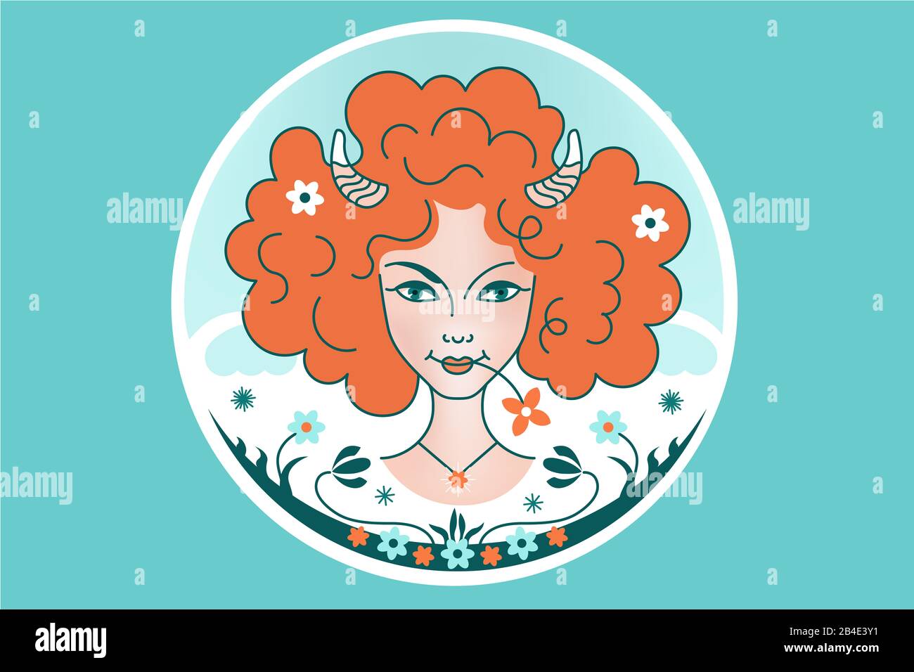 Signo de la constelación del zodiaco de Aries, niña o mujer con pelo rojo  esponjoso, cuernos, flores, fondo azul. Ilustración de fantasía, ornamento  en un cuento de hadas s Fotografía de stock -