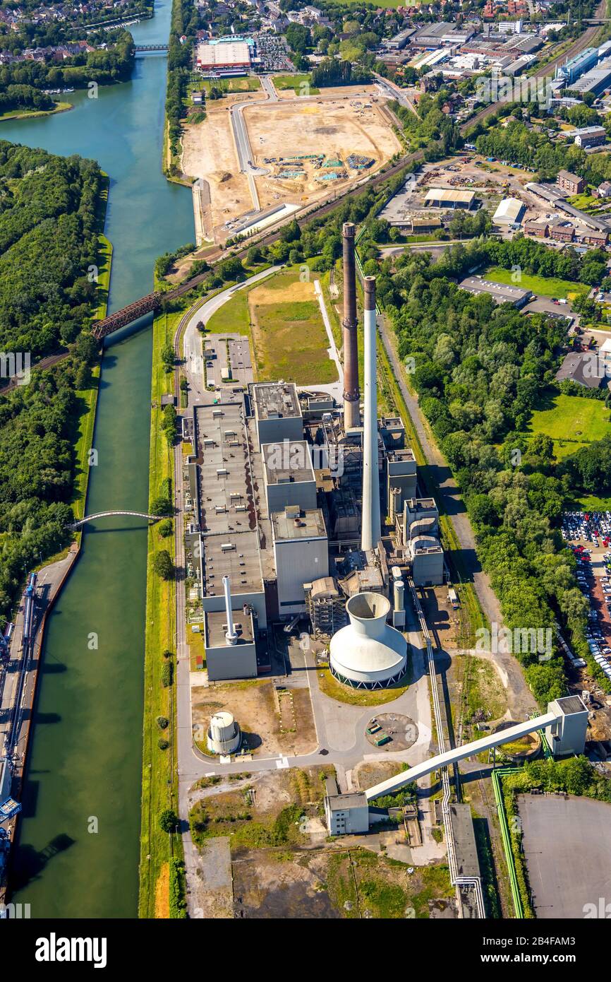 Vista aérea de la central eléctrica de Uniper Datteln en Datteln, en el Canal Dortmund-Ems, central eléctrica retirada del servicio de carbón. Emscher-Lippe, Datteln, Ruhrgebiet, Renania Del Norte-Westfalia, Alemania Foto de stock