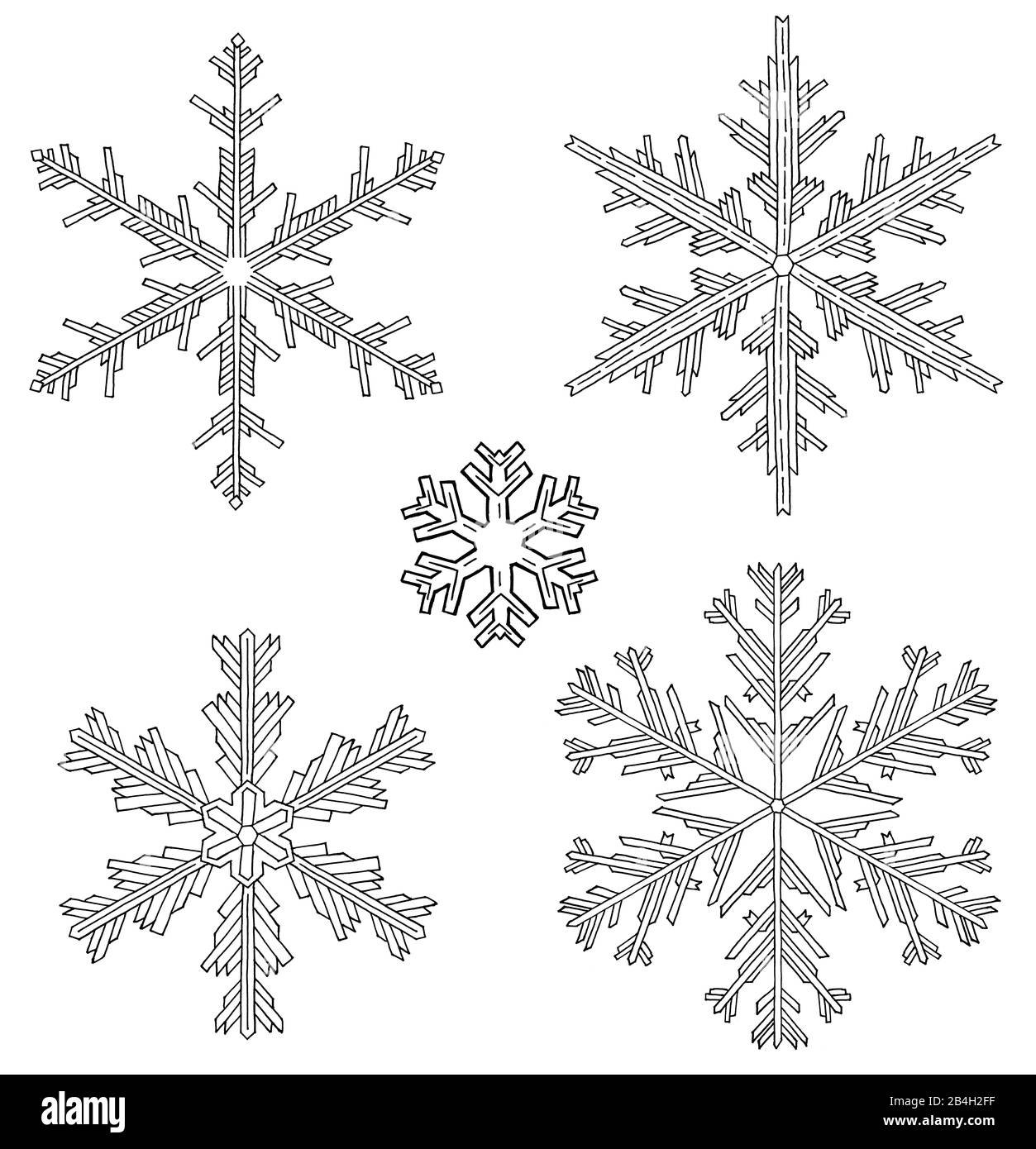 Copos de nieve dibujados en blanco y negro delante de fondo blanco aislado para colorear Foto de stock