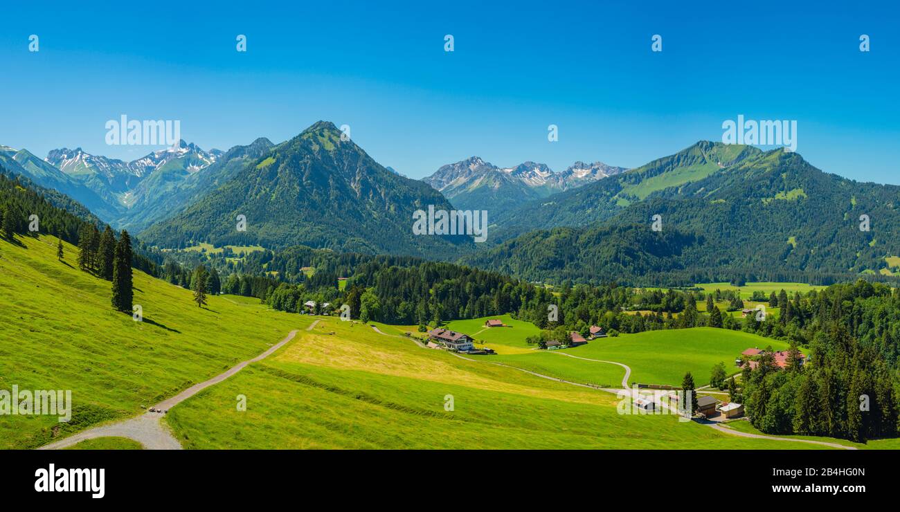 Panorama de Schattenbergschanze a Himmelschrofen, 1791 m, y Fellhorn, 2038 m, Oberallgäu, Allgäu, Baviera, Alemania, Europa Foto de stock